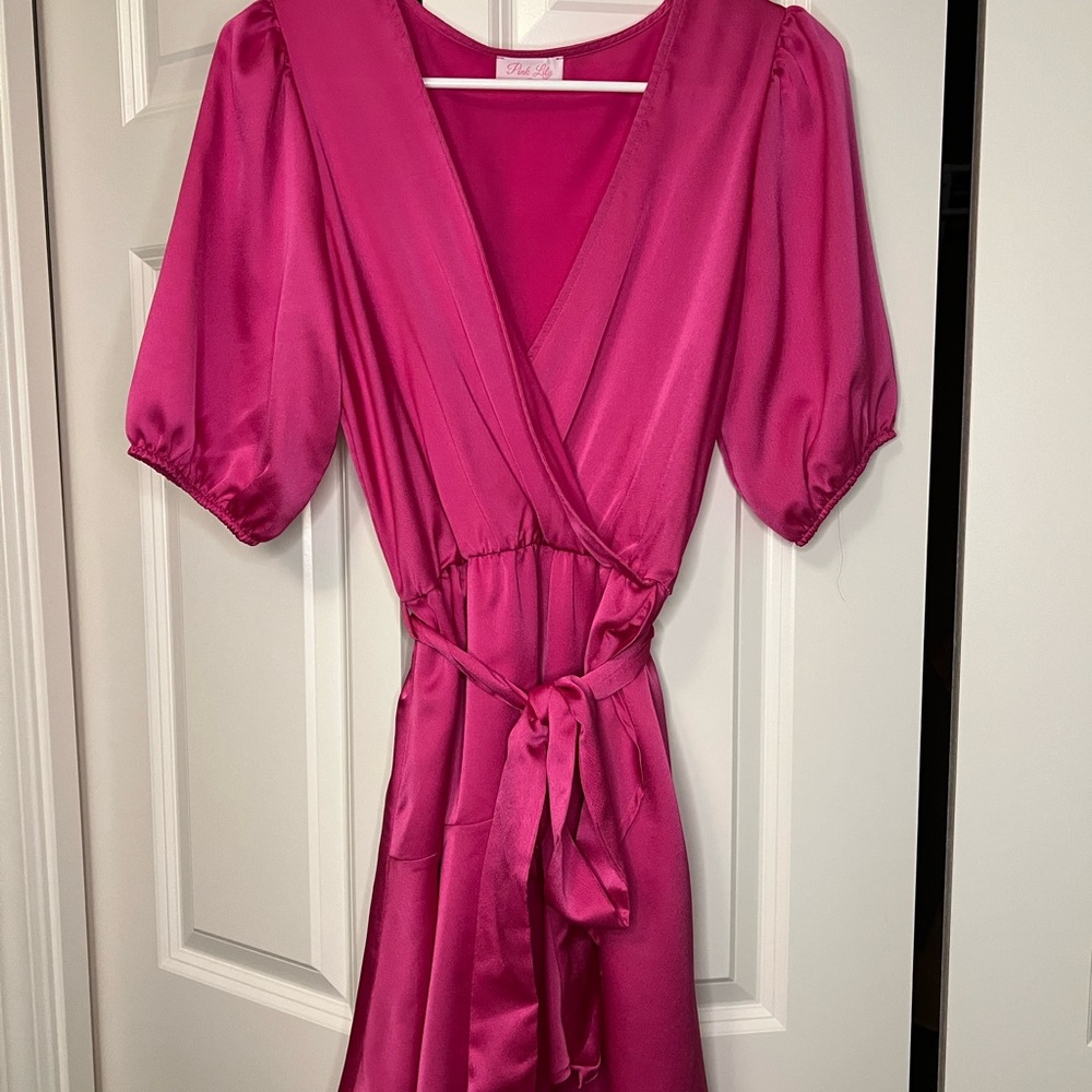 Seeking the Spotlight Satin Wrap Magenta Dress - Pink Lily